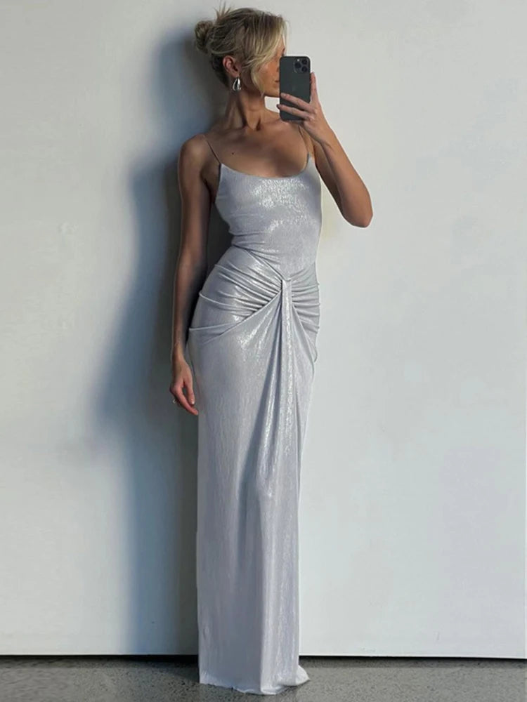 Sliver Spaghetti Strap Sexy Maxi Dress For Women Fashion Sparkle Sleeveless Backless Ruched Beach Club Sexy Long Dress