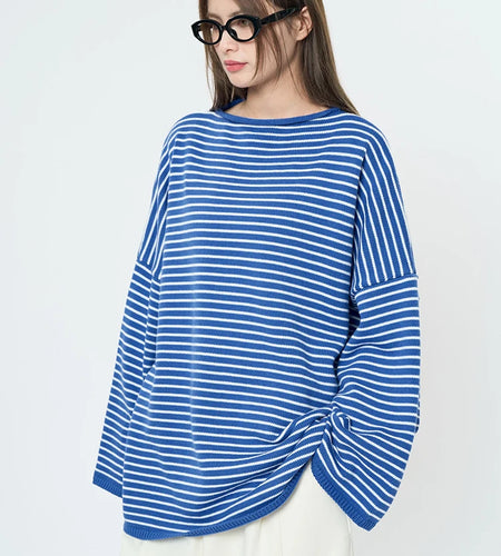 Women Blue Striped Shaped Big Size Knitting T-shirt New Round Neck Long Sleeve Fashion Tide Spring Autumn 2025 1DH9279