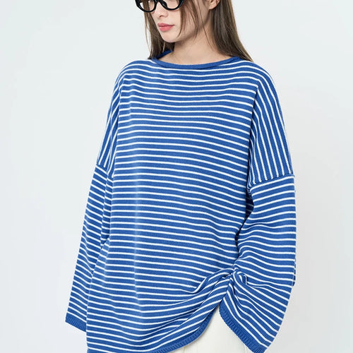 Load image into Gallery viewer, Women Blue Striped Shaped Big Size Knitting T-shirt New Round Neck Long Sleeve Fashion Tide Spring Autumn 2025 1DH9279
