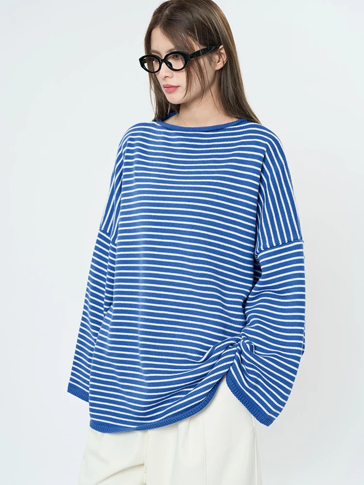 Women Blue Striped Shaped Big Size Knitting T-shirt New Round Neck Long Sleeve Fashion Tide Spring Autumn 2025 1DH9279