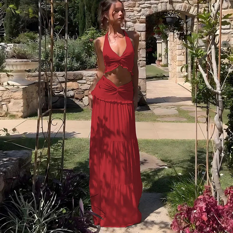 Sexy Sleeveless Skirt Two Pieces Sets For Women V-neck Hollow Out Crop Tops And Long Skirt Patchwork Two Pieces Sets