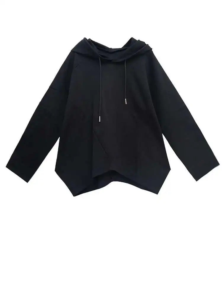 Black Irregular Hem Short Sweatshirt New Hooded Long Sleeve Women Big Size Fashion Tide Spring Autumn 2025 1DH7063