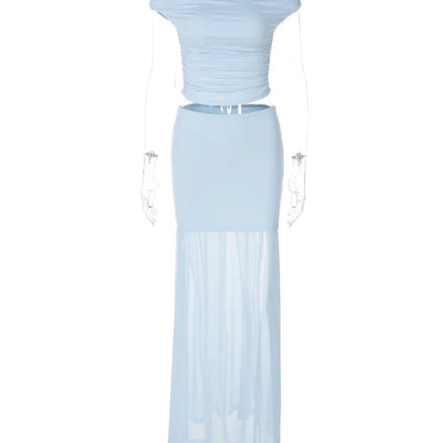 Load image into Gallery viewer, Blue Mesh Sexy Skirt Two Piece Sets Women Strapless Crop Tops And Maxi Skirt Ladies Fashion Elegant 2 Piece Sets
