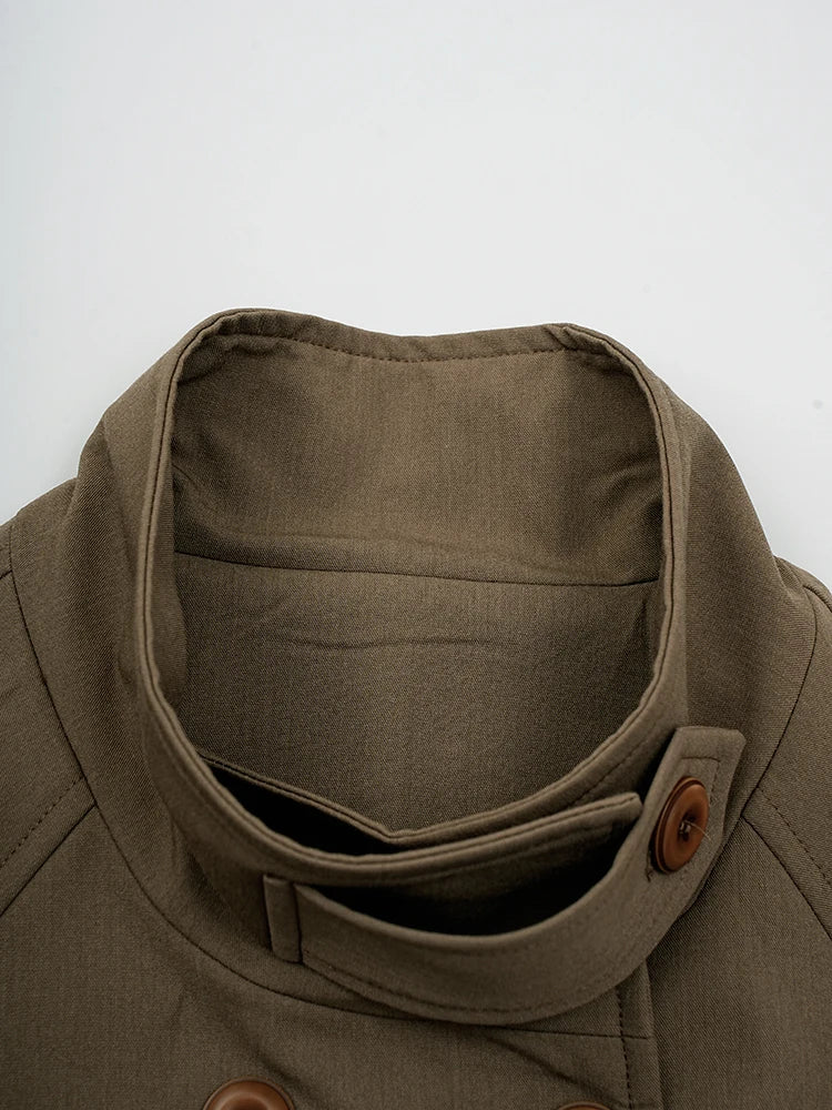 Women Khaki Belted Big Size Elegant Trench New Stand Collar Long Sleeve Windbreaker Fashion Spring Autumn 2025 CPG2261