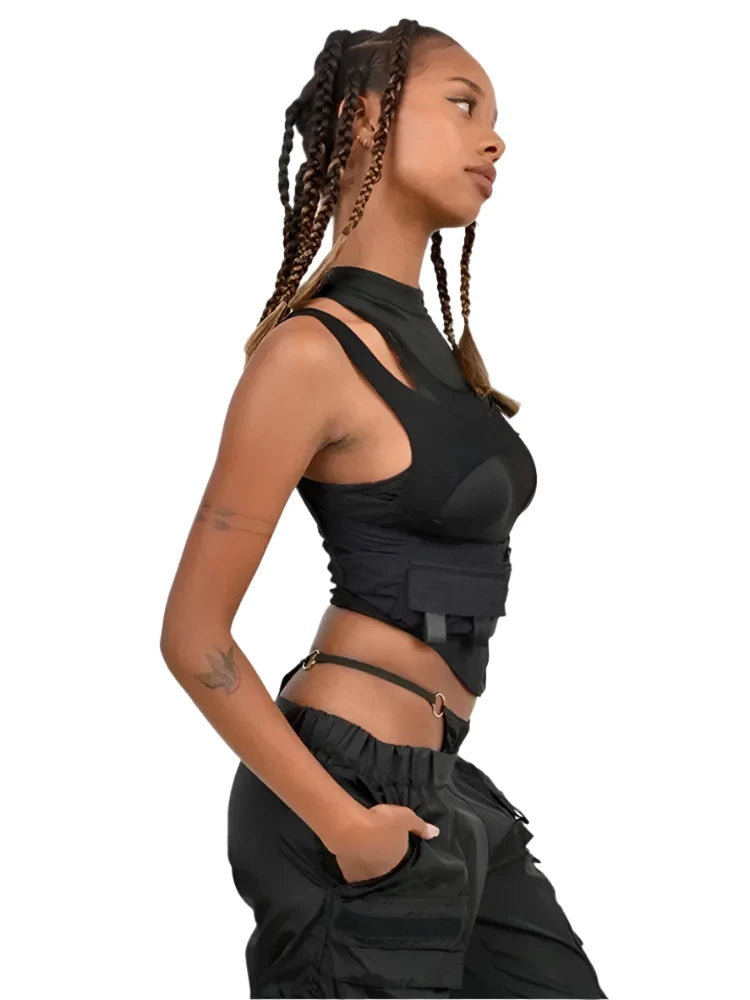 Street Fashion Sexy Black Cropped Tank Top See Through Mesh Patchwork Techwear Sleeveless Tshirts for Women C87-EZ25