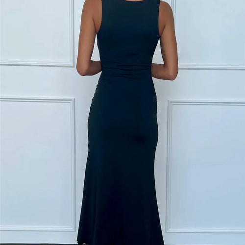 Load image into Gallery viewer, Elegant Deep V Neck Front Gold Clasp Sexy Maxi Dress For Women Black Gown Sleeveless Slim Fit Long Tank Dress Elegant

