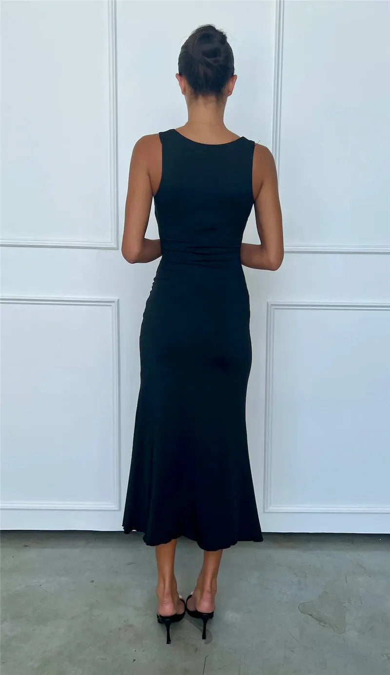 Elegant Deep V Neck Front Gold Clasp Sexy Maxi Dress For Women Black Gown Sleeveless Slim Fit Long Tank Dress Elegant