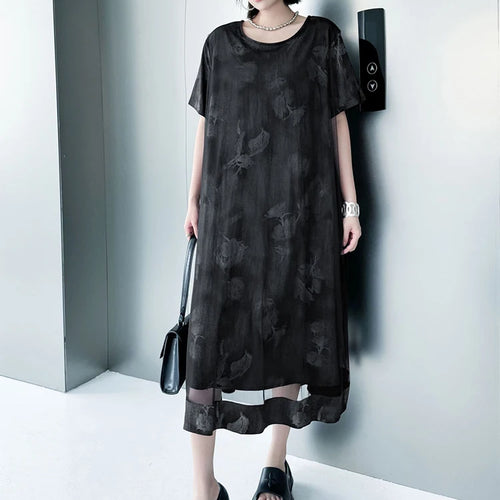 Load image into Gallery viewer, Women Black Printed Mesh Spliced Big Size Midi Dress New Round Neck Short Sleeve Fashion Tide Spring Summer 2025 1DJ0850
