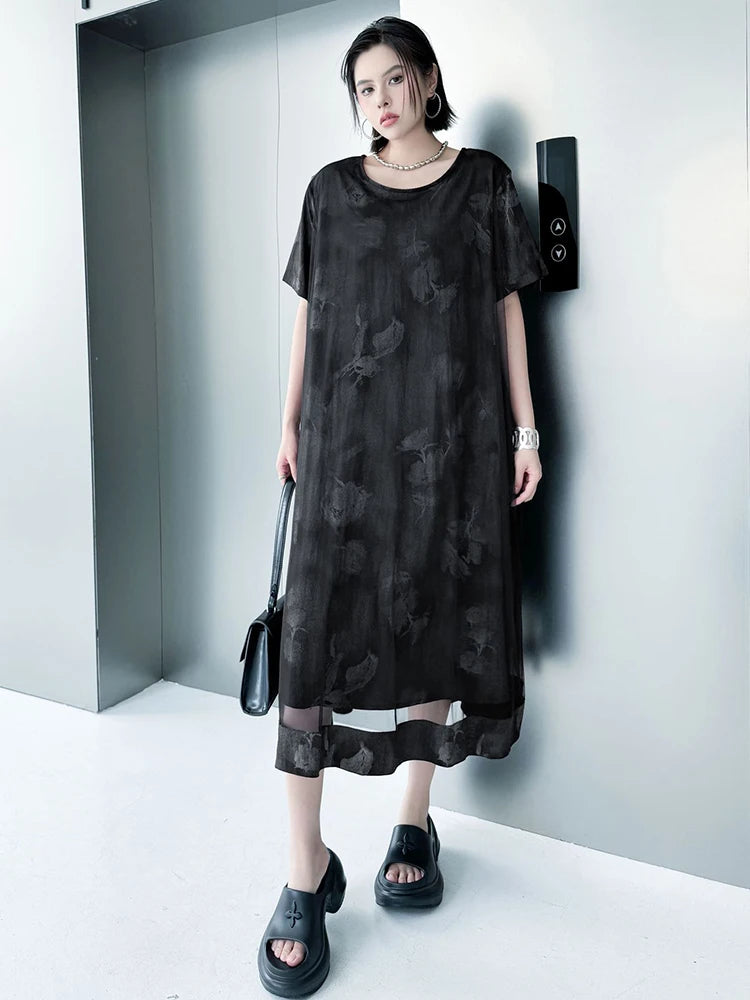 Women Black Printed Mesh Spliced Big Size Midi Dress New Round Neck Short Sleeve Fashion Tide Spring Summer 2025 1DJ0850
