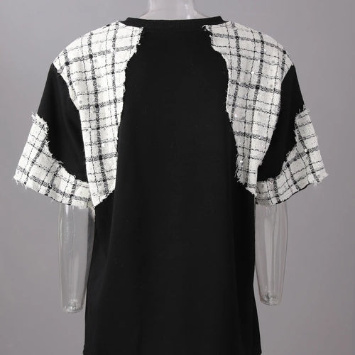 Load image into Gallery viewer, Women Black Tweed Color-block Spliced Big Size T-shirt New Round Neck Short Sleeve Fashion Tide Spring Summer 2025 CPG3061
