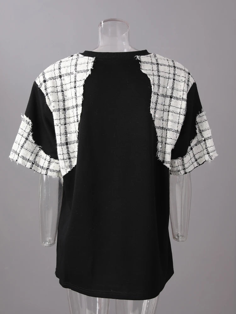 Women Black Tweed Color-block Spliced Big Size T-shirt New Round Neck Short Sleeve Fashion Tide Spring Summer 2025 CPG3061