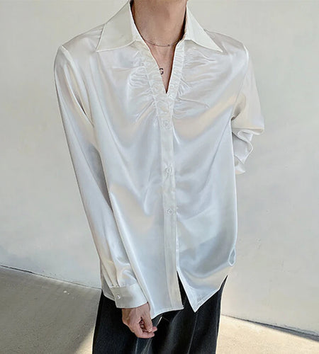 Men's Shirts Long Sleeve New Summer Male Turn-down Collar Trendy Pleated Solid Color Handsome Single Breasted Top 9W1699