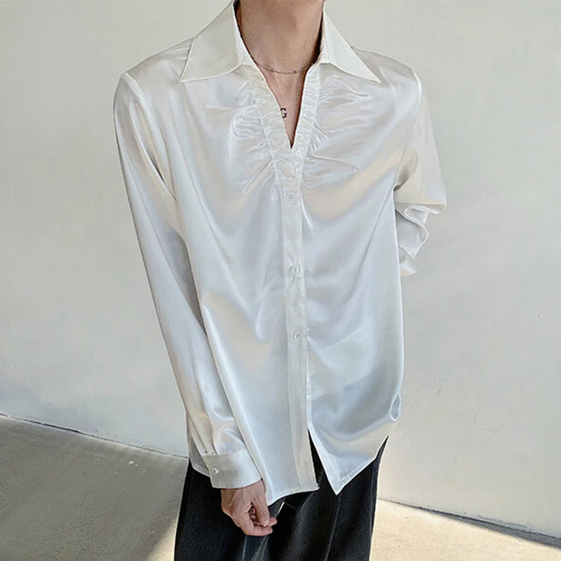 Men's Shirts Long Sleeve New Summer Male Turn-down Collar Trendy Pleated Solid Color Handsome Single Breasted Top 9W1699