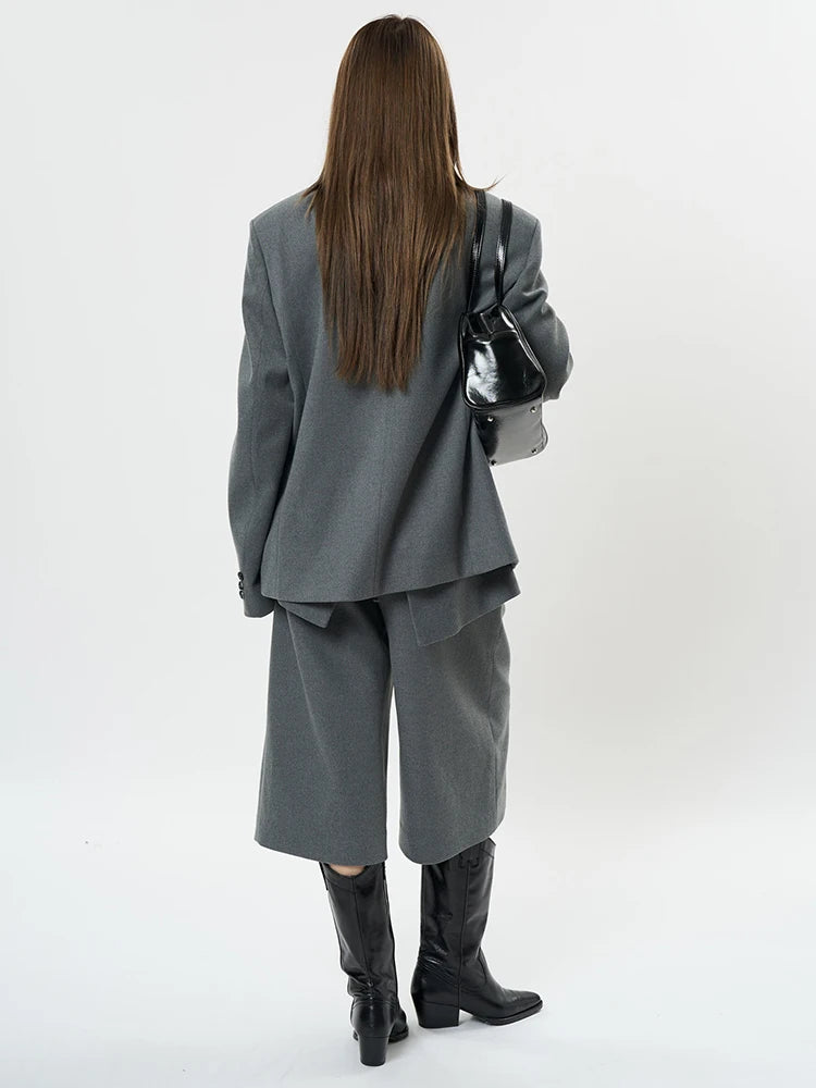 Women Gray Brief Shaped Elegant Big Size Blazer New Lapel Long Sleeve Jacket Fashion Tide Spring Autumn 2025 1DH9578