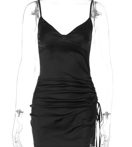 Fashion Solid V Neck Slips Backless Shirring Patchwork Lace Sexy Slim Mini Dress Summer Women Outfits Party Night Club