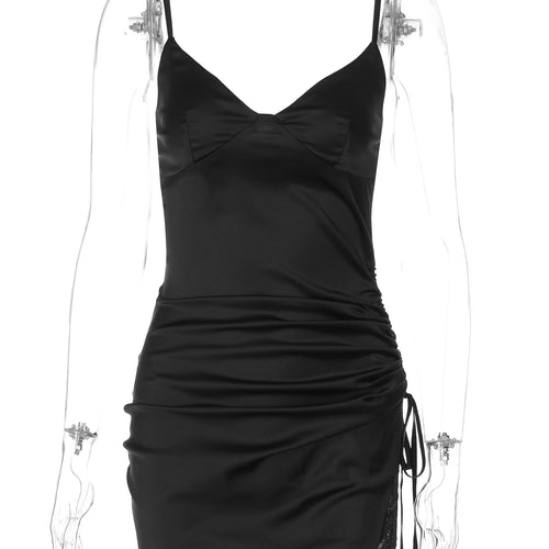 Load image into Gallery viewer, Fashion Solid V Neck Slips Backless Shirring Patchwork Lace Sexy Slim Mini Dress Summer Women Outfits Party Night Club
