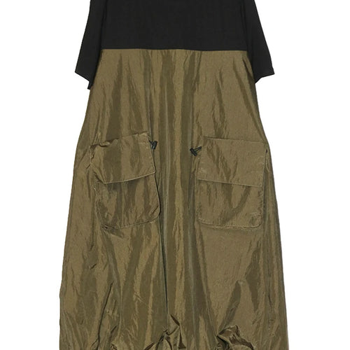 Load image into Gallery viewer, Women Black Drawstring Pocket Big Size Midi Dress New Round Neck Shhort Sleeve Fashion Tide Spring Summer 2025 1DJ0773
