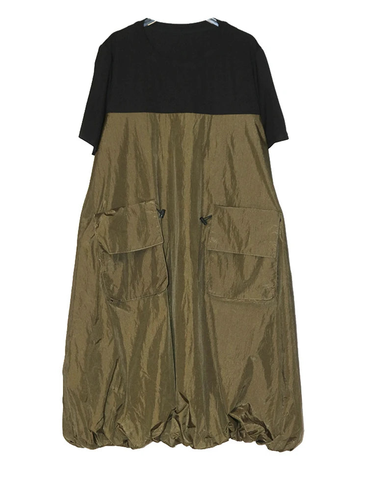 Women Black Drawstring Pocket Big Size Midi Dress New Round Neck Shhort Sleeve Fashion Tide Spring Summer 2025 1DJ0773