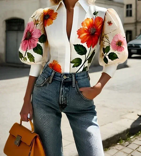 Spring Summer Women Asymmetric Elegant Blouses Tops Puff Sleeves Floral Printed Lapel Shirts Tops for Woman