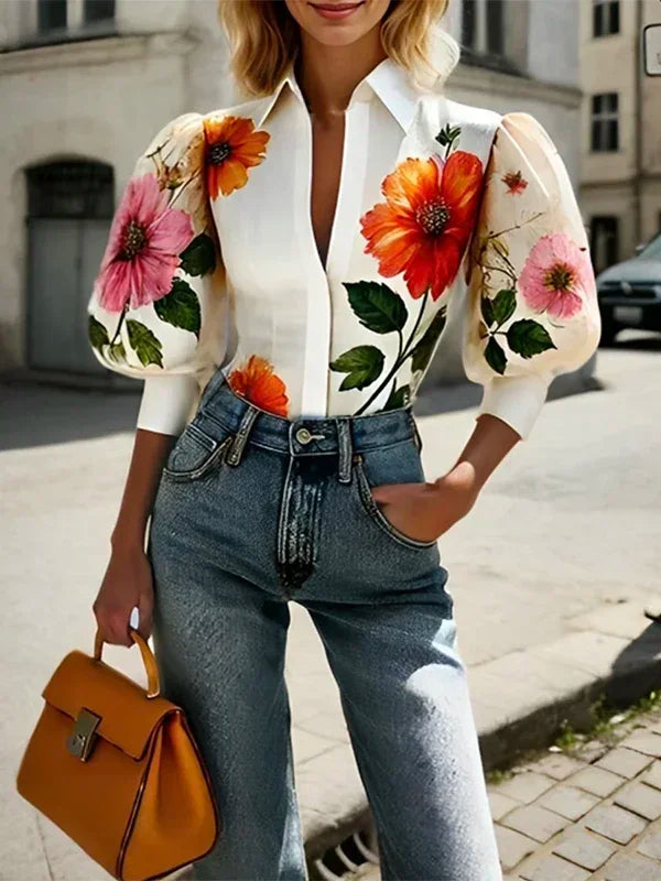 Spring Summer Women Asymmetric Elegant Blouses Tops Puff Sleeves Floral Printed Lapel Shirts Tops for Woman