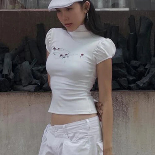 Load image into Gallery viewer, Streetwear Summer Half High Collar Women's Tops Vintage Flower Printing Harajuku T-shirts Y2k Aesthetic Puff Sleeve Grunge Tees
