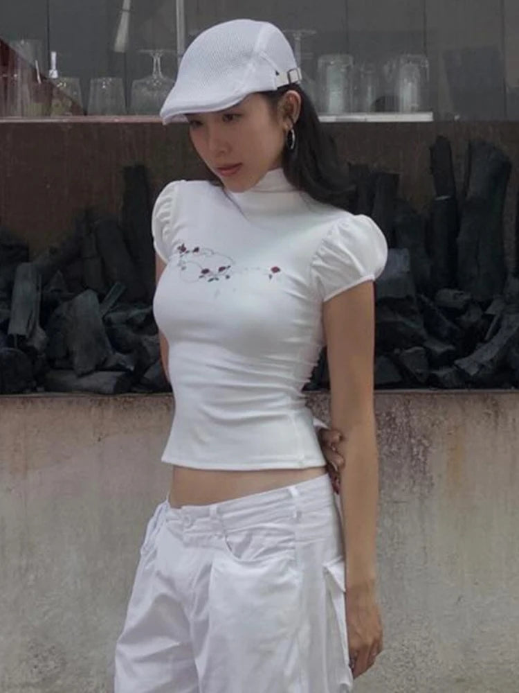 Streetwear Summer Half High Collar Women's Tops Vintage Flower Printing Harajuku T-shirts Y2k Aesthetic Puff Sleeve Grunge Tees
