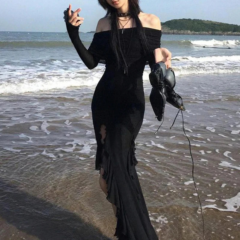 Grunge Off Shoulder Vacation Maxi Dress Women Fairycore Ruffles Gothic –  wanahavit