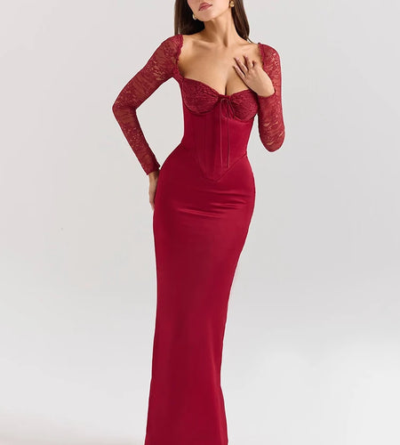 Backless Long Sleeve Sexy Maxi Dress For Women Solid Square Collar Lace-up Back Split Bodycon Club Long Dress Elegant
