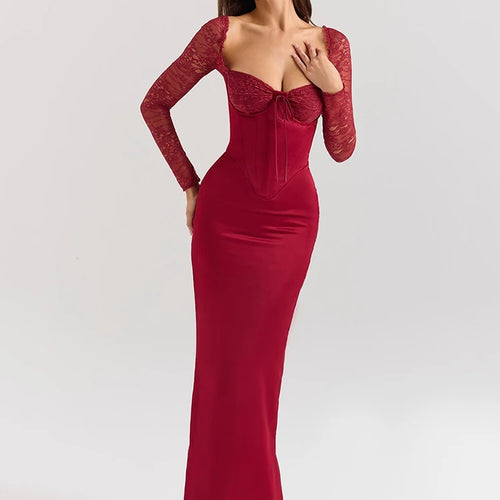 Load image into Gallery viewer, Backless Long Sleeve Sexy Maxi Dress For Women Solid Square Collar Lace-up Back Split Bodycon Club Long Dress Elegant
