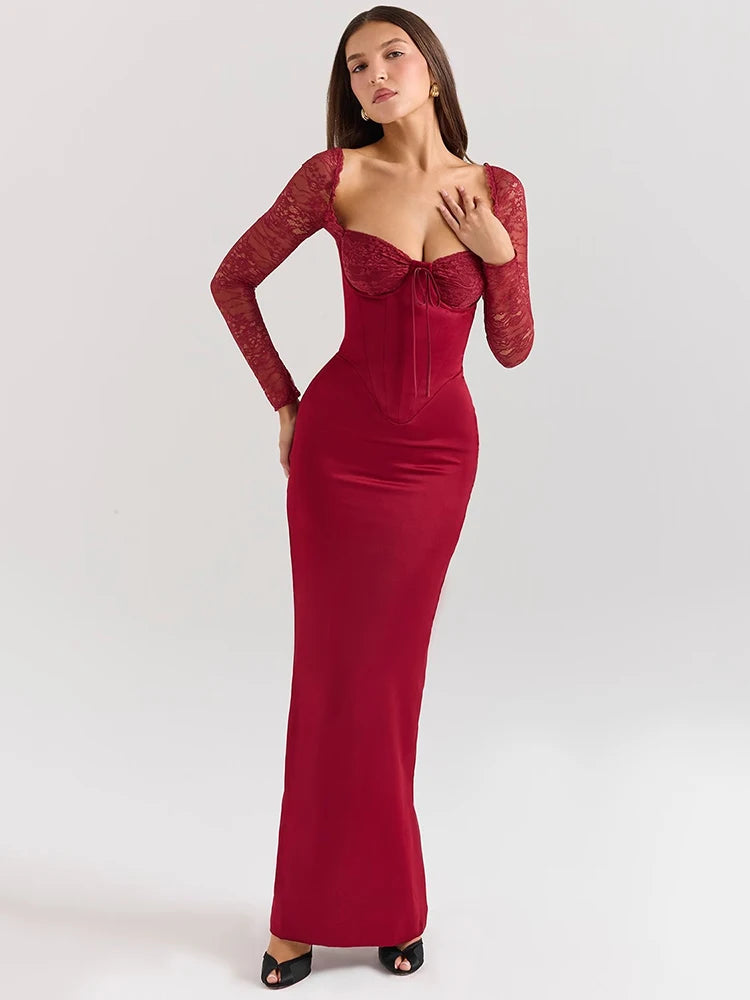 Backless Long Sleeve Sexy Maxi Dress For Women Solid Square Collar Lace-up Back Split Bodycon Club Long Dress Elegant