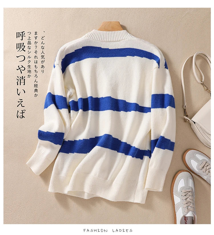 Women Blue White Striped Patchwork Knit Sweater Autumn Winter Long Sleeve Single Breasted Cardigan Korean Fashion Short Tops New