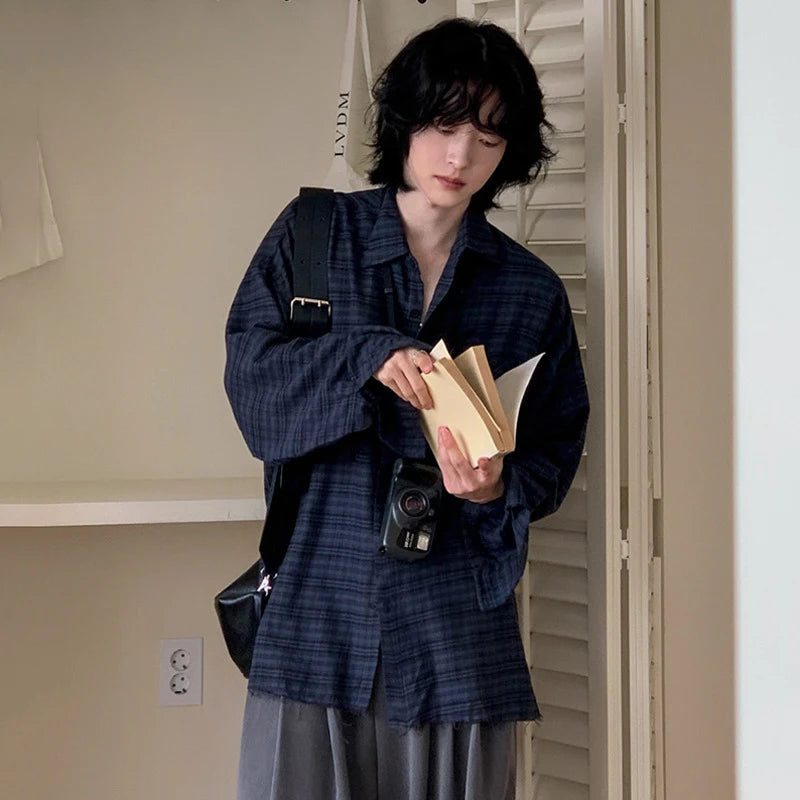 Men Plaid Design Long Sleeved Shirt New Spring Loose Casual Single Breasted Shirts Korean Turn-down Collar Trendy 9W1445