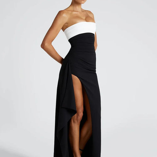 Load image into Gallery viewer, Off-shoulder Strapless Sexy Maxi Dress For Women Contrast Color Patchwork Sleeveless Backless Thigh High Split Dress
