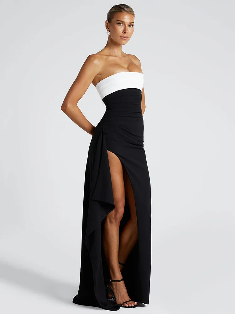 Off-shoulder Strapless Sexy Maxi Dress For Women Contrast Color Patchwork Sleeveless Backless Thigh High Split Dress