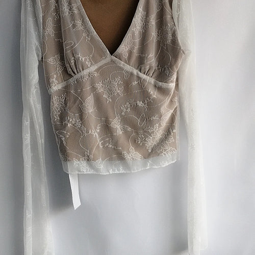 Load image into Gallery viewer, Sexy Lace Mesh Top V Neck Tees Y2k Aesthetic Slim Japanese Harajuku Crop  Chic Women Bottoming Long Sleeve T-shirt Outerwear

