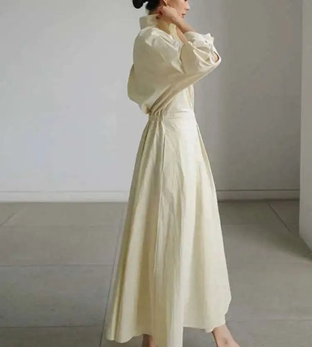 Women Beige Pleated Long Big Size Elegant Dress New Lapel Long Sleeve Loose Fit Fashion Tide Spring Autumn 2025 1DE91400