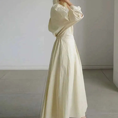 Load image into Gallery viewer, Women Beige Pleated Long Big Size Elegant Dress New Lapel Long Sleeve Loose Fit Fashion Tide Spring Autumn 2025 1DE91400
