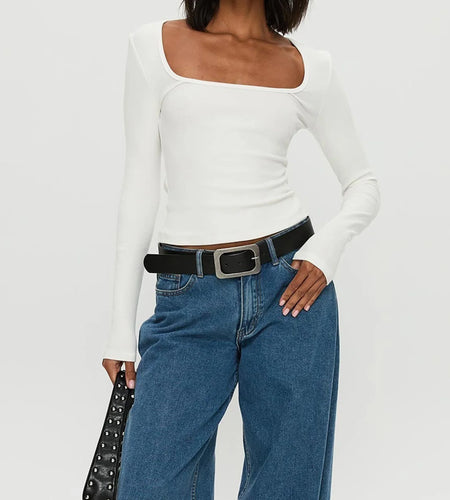 y2k Tops Women Sexy Clothing Solid Color Square Neck Long Sleeve Cropped T Shirts 2000s Party Clothes Club Streetwear