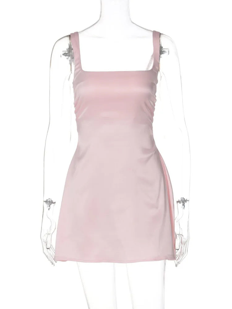 Satin Square Collar Backless Sexy Mini Dress For Women Solid Color Sleeveless A-line Bodycon Club Party Dress Elegant