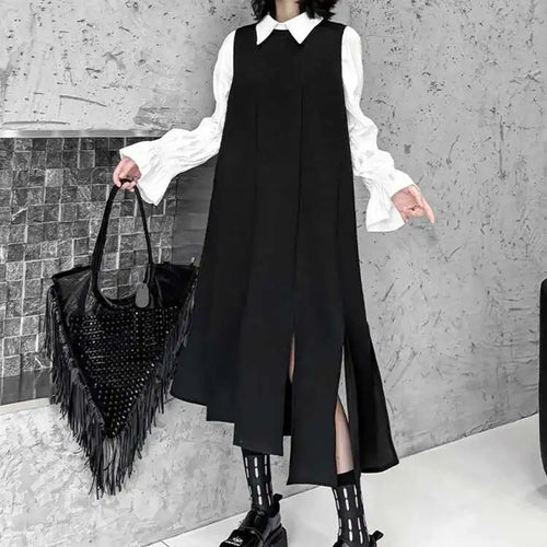 Load image into Gallery viewer, Women Black Irregular Ribbons Big Size Strap Dress New Round Neck Sleeveless Fashion Tide Spring Autumn 2025 1DH8059

