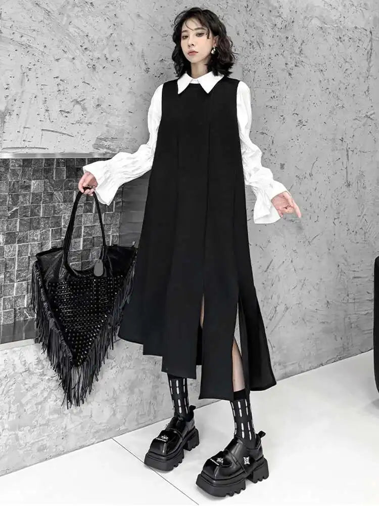 Women Black Irregular Ribbons Big Size Strap Dress New Round Neck Sleeveless Fashion Tide Spring Autumn 2025 1DH8059