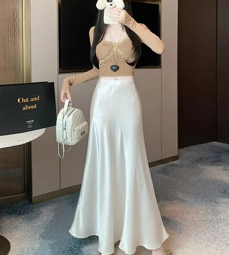 Spring Summer Solid High Waist Wrap Hip Pleated Fishtail Long Skirt Korean Fashion Women Versatile A-line Half Skirt Popular New