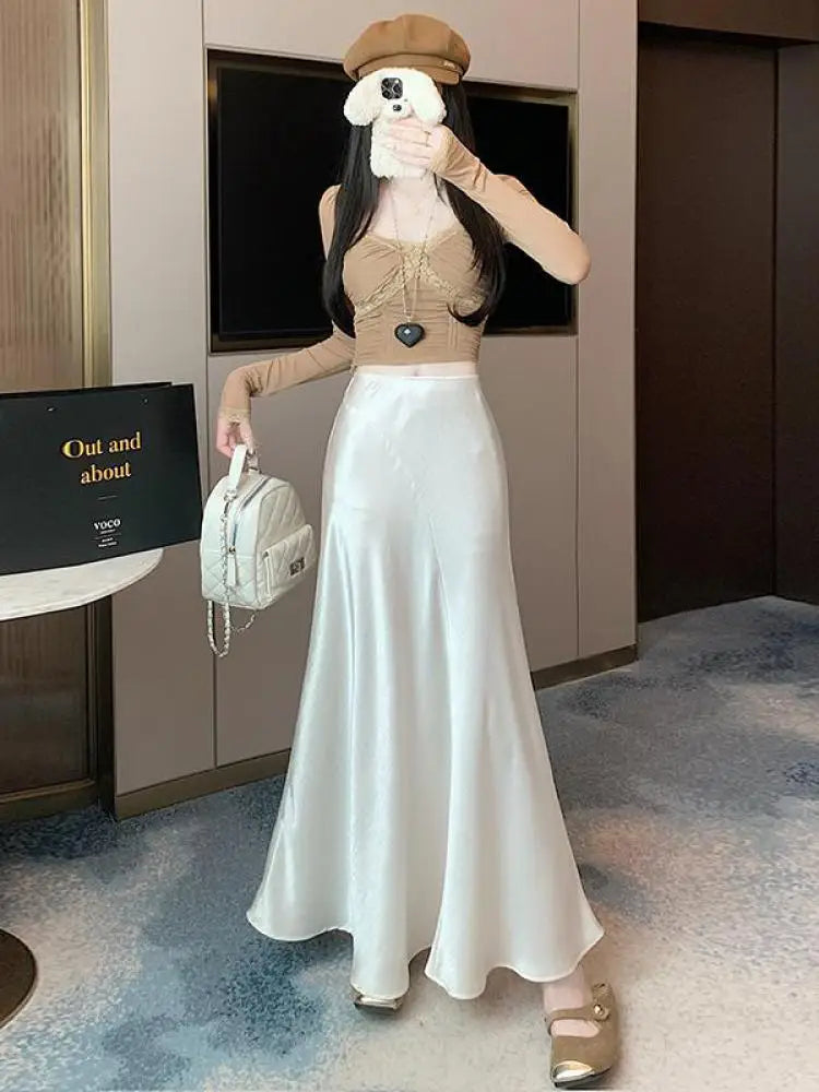 Spring Summer Solid High Waist Wrap Hip Pleated Fishtail Long Skirt Korean Fashion Women Versatile A-line Half Skirt Popular New