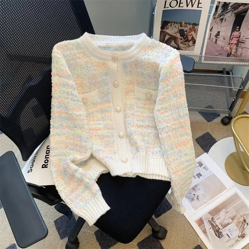 Autumn Winter Sweet Vintage Rainbow Knitted Cardigan Top French Fashion Women New Round Neck Single Breasted Long Sleeve Sweater