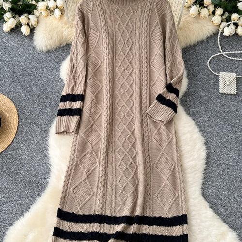 Load image into Gallery viewer, Autumn Winter Patchwork Elegant High Neck Knit Dress Women Korean Fashion Long Sleeves Slim 2024 New Loose Sweater Dresses Trend
