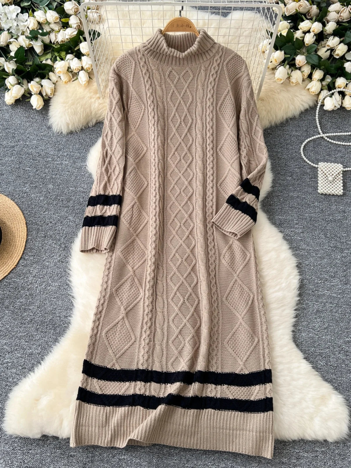 Autumn Winter Patchwork Elegant High Neck Knit Dress Women Korean Fashion Long Sleeves Slim 2024 New Loose Sweater Dresses Trend