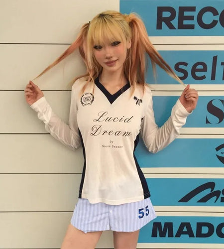 Japanese Y2k Jersey T-shirt Trashy 2000s Style Long Sleeve Sheer Tops Vintage Harajuku Transluce V-neck Tshirt Blokecore