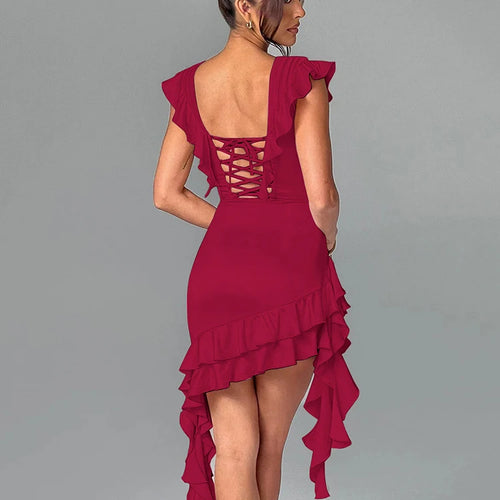 Load image into Gallery viewer, Elegant Deep V Bandage Ruffled Edge Tight Dress for Women, Double Layered Sexy Skirt, Female Skinny Evening Dress, Party
