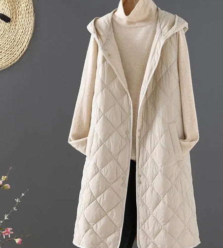 Winter Down Cotton Vest Women Sleeveless Jacket Vintage Warm Casual Mid Length Coat Ladies Single Breast Long Hooded Waistcoat