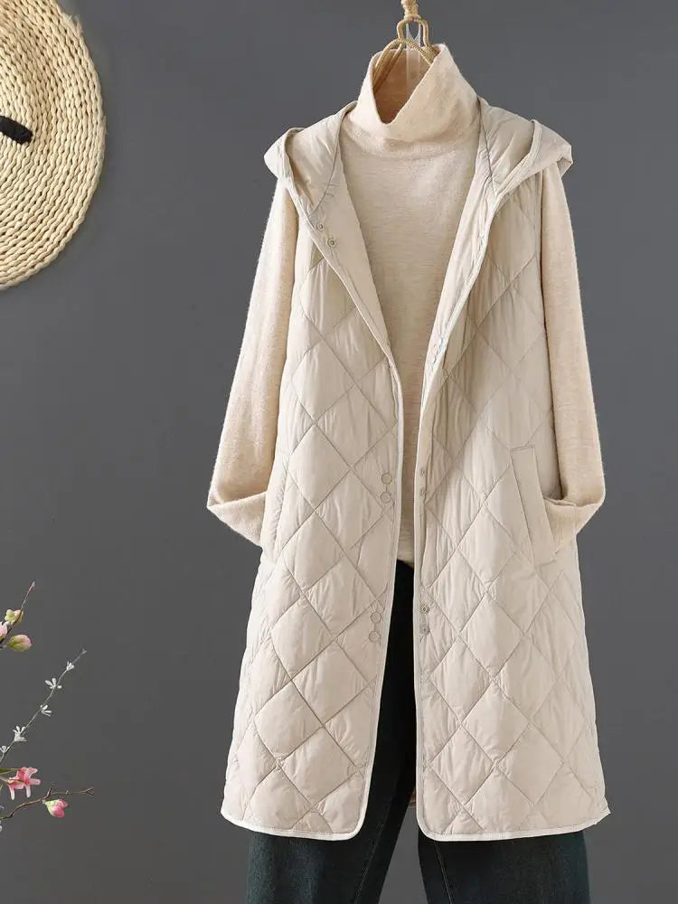 Winter Down Cotton Vest Women Sleeveless Jacket Vintage Warm Casual Mid Length Coat Ladies Single Breast Long Hooded Waistcoat